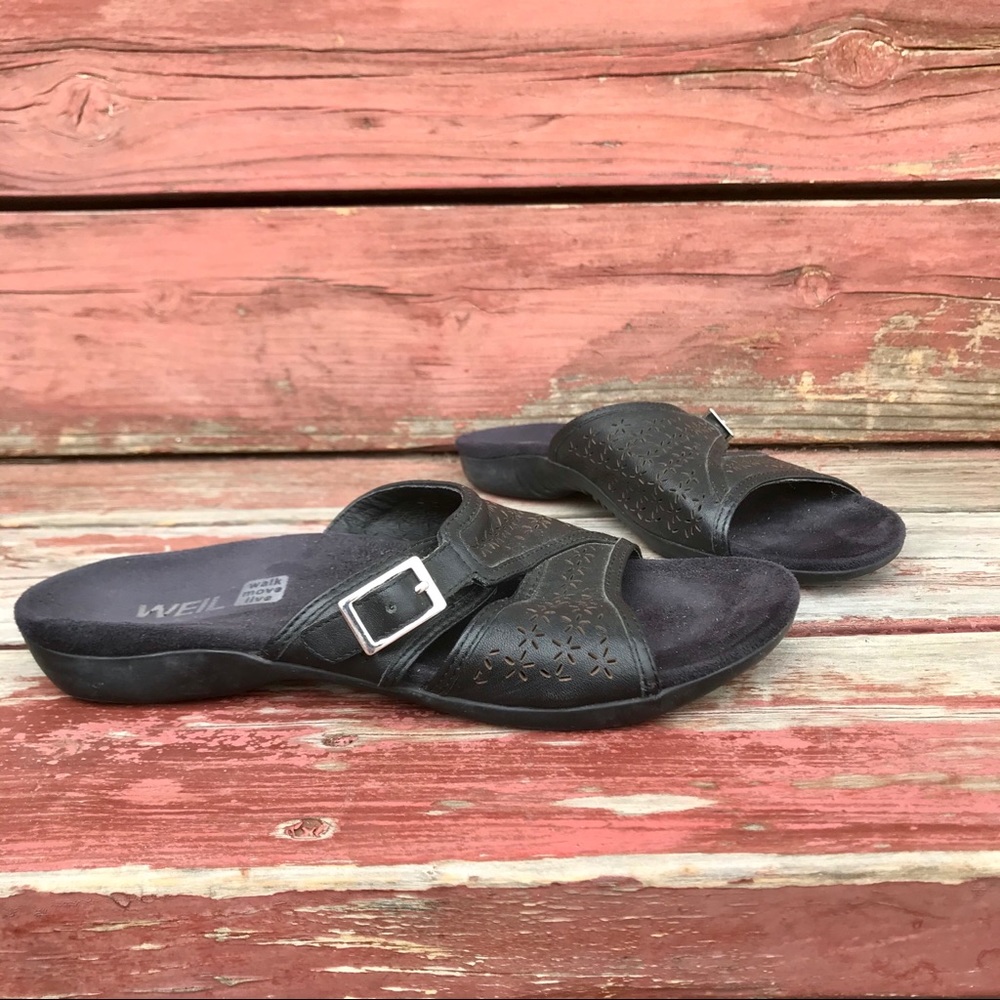 Dr Andrew Weil Flexor Black Leather Comfort Slides - Picture 1 of 8